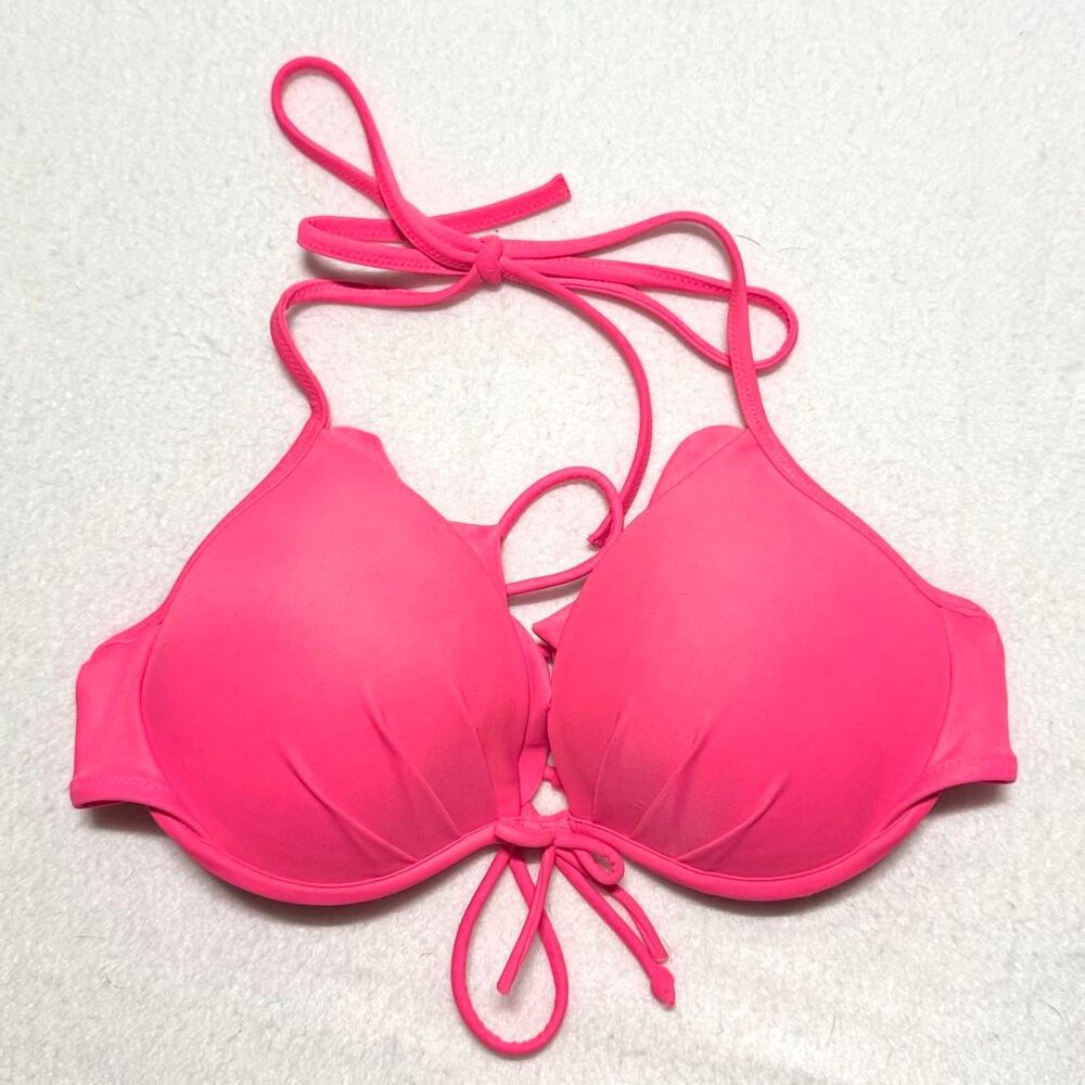 early 2010s victoria’s secret PINK hot neon pink ruffle bow push up bikini top